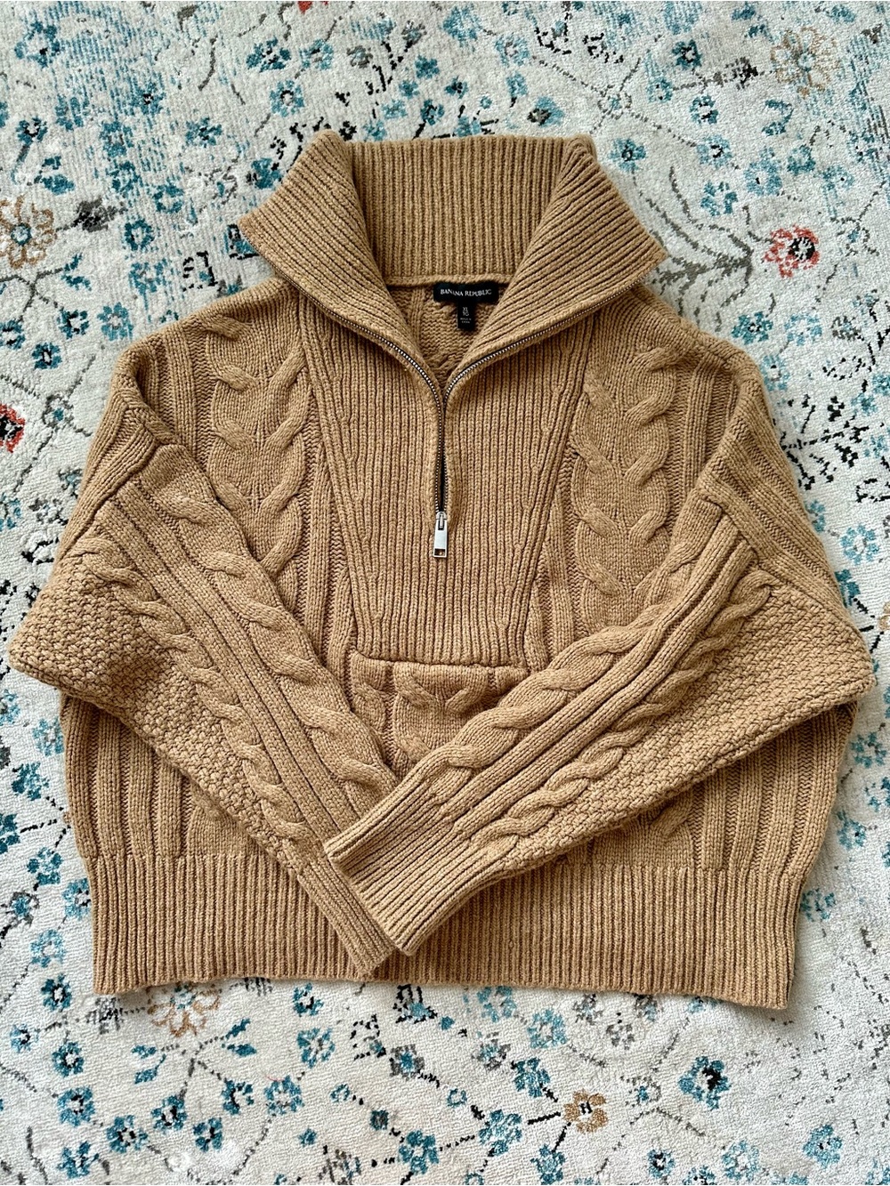 Banana Republic Camel Cable-Knit Half-Zip 100% Wool Sweater